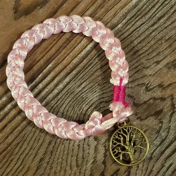 Braided Pale Pink Silk Antique Brass Tree of Life Charm Button Bracelet - Picture 2 of 5